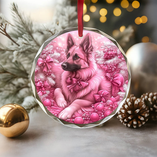German Shepherd Dog Pink Christmas Design 2 Glass Ornament