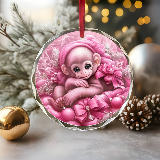 Monkey Pink Christmas Design 2 Glass Ornament