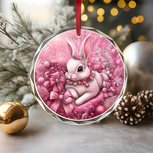 Rabbit Pink Christmas Design 4 Glass Ornament