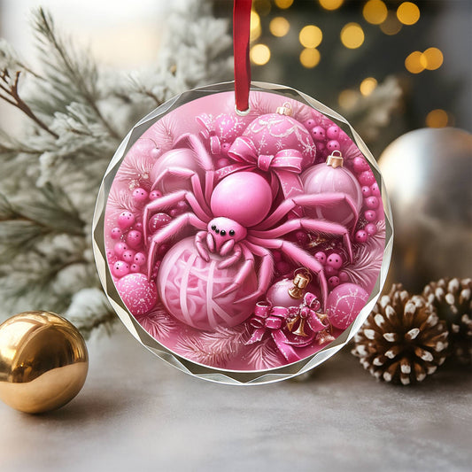 Spider Pink Christmas Design 3 Glass Ornament