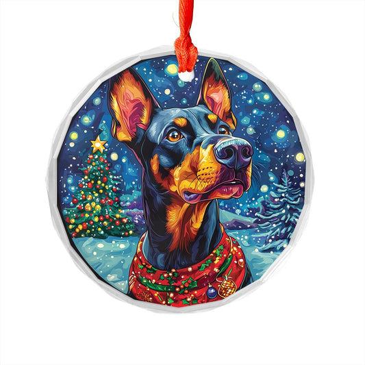 Beautiful Angus Doberman Pinscher Dog Christmas Night Design 1 Glass Ornament