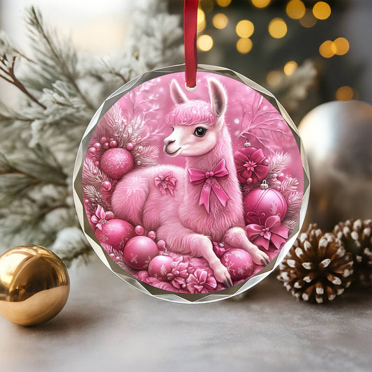 Alpaca Pink Christmas Design 3 Glass Ornament