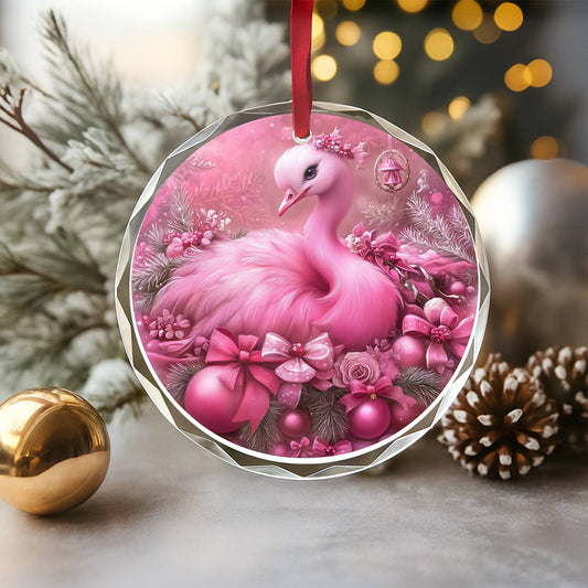 Ostrich Pink Christmas Design 2 Glass Ornament