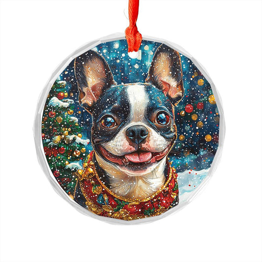 Beautiful Boston Terrier Dog Christmas Night Design 2 Glass Ornament