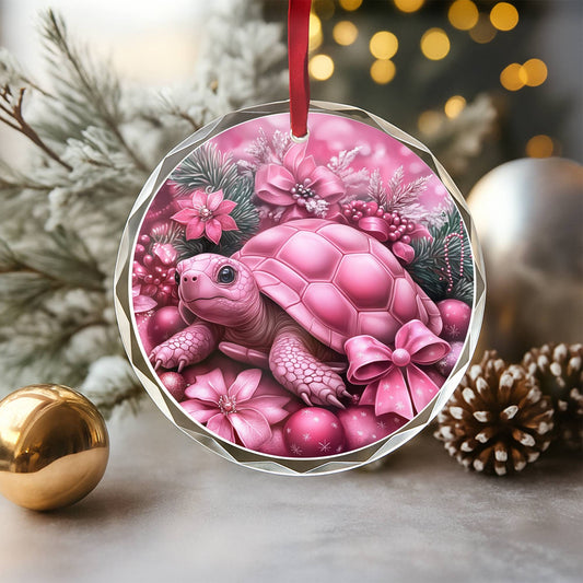 Tortoise Pink Christmas Design 1 Glass Ornament
