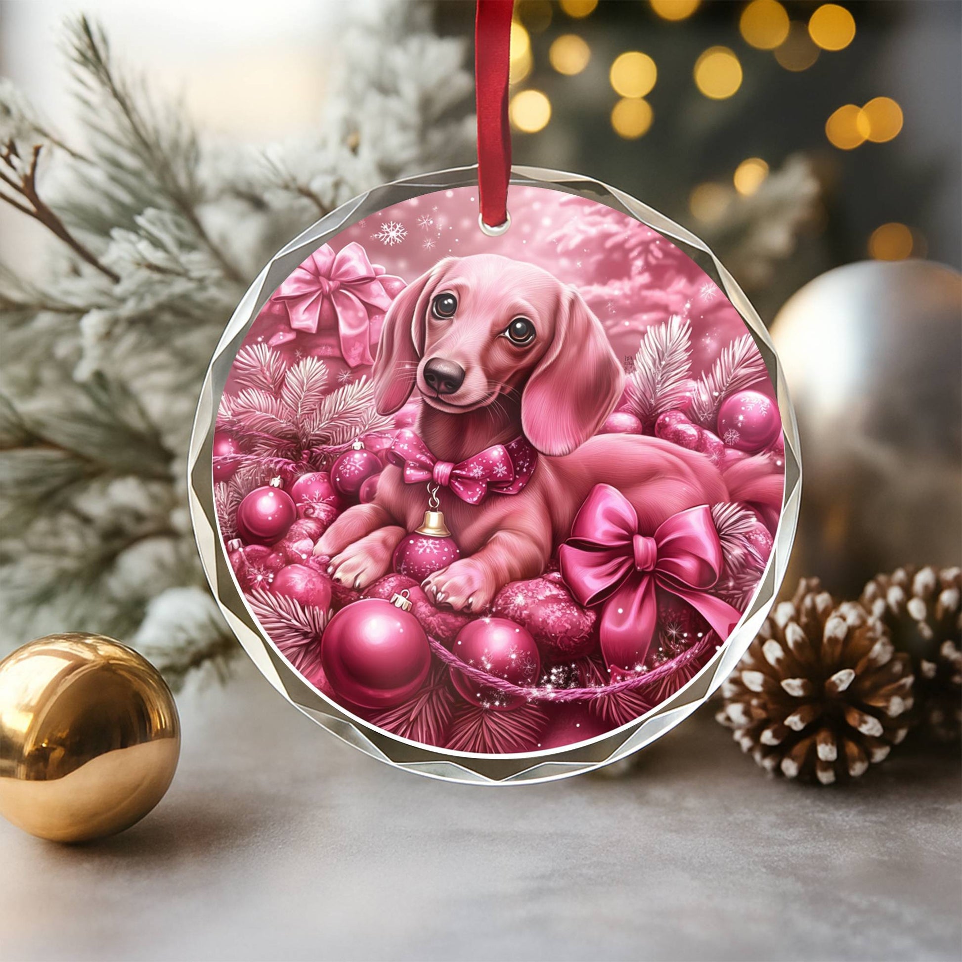 Dachshund Dog Pink Christmas Design 1 Glass Ornament