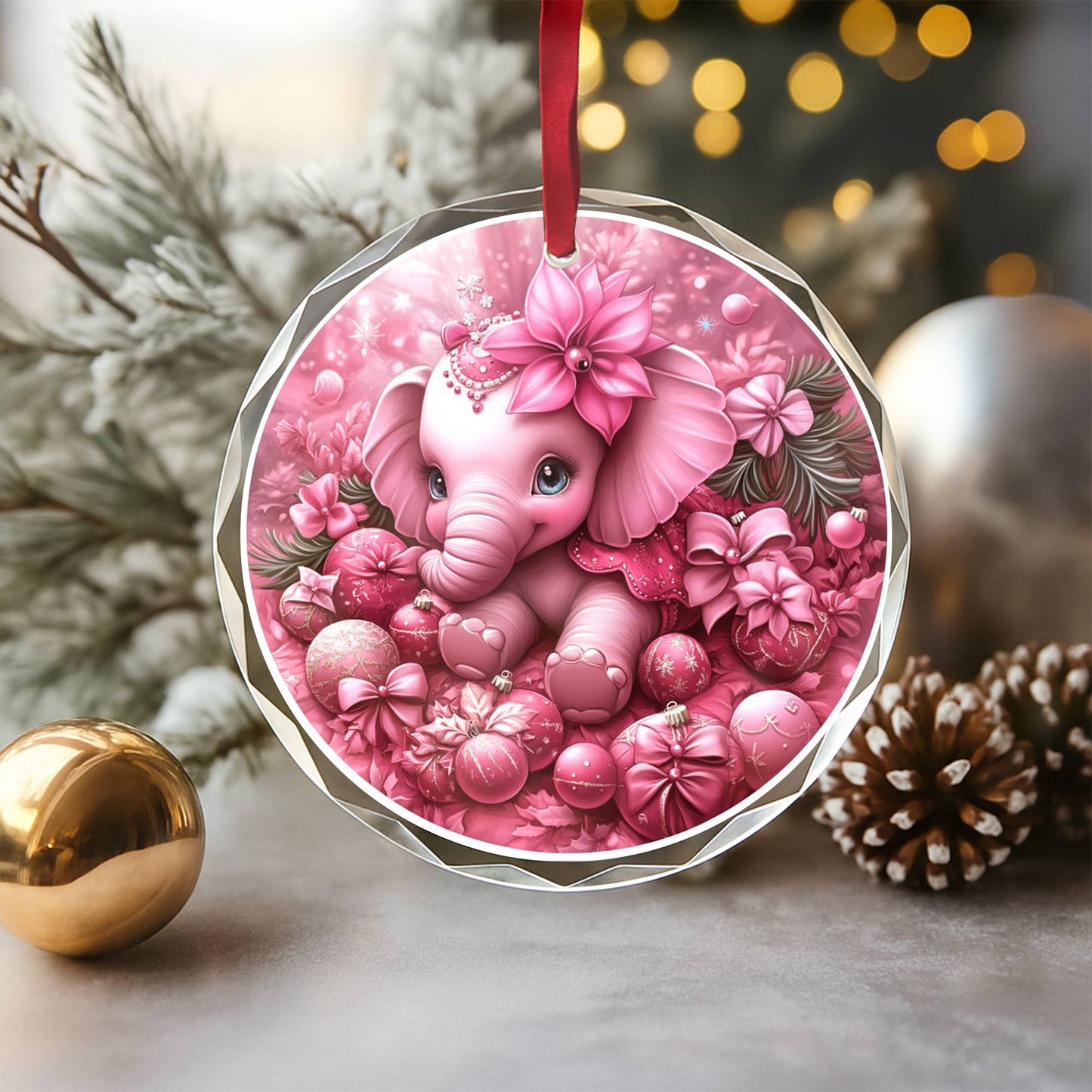 Elephant Pink Christmas Design 1 Glass Ornament