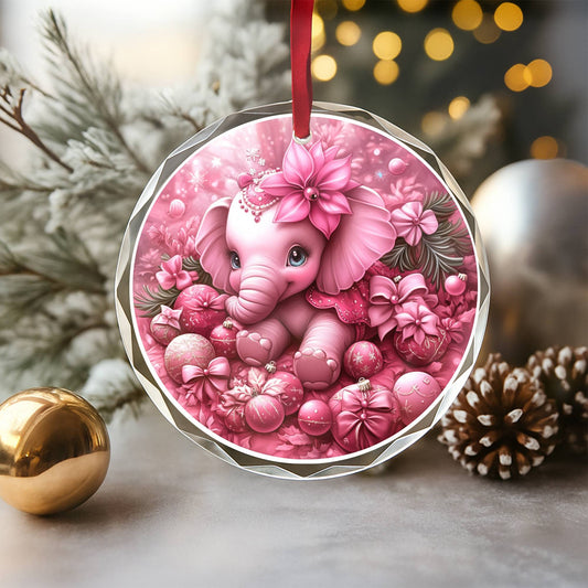 Elephant Pink Christmas Design 1 Glass Ornament