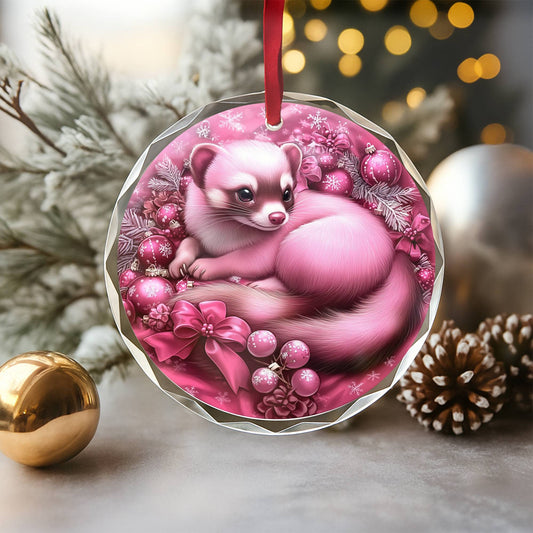 Ferret Pink Christmas Design 3 Glass Ornament