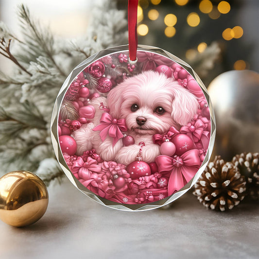 Bichon Frise Dog Pink Christmas Design 2 Glass Ornament