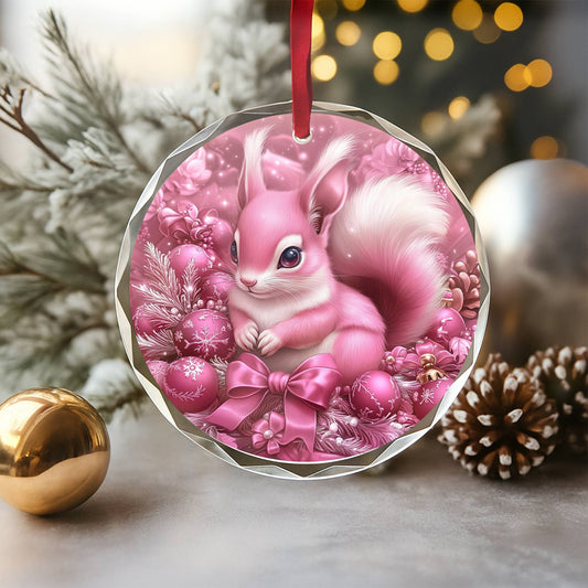 Squirrel Pink Christmas Design 4 Glass Ornament