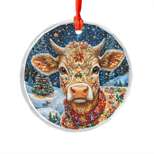Beautiful Jersey Cow Christmas Night Design 1 Glass Ornament