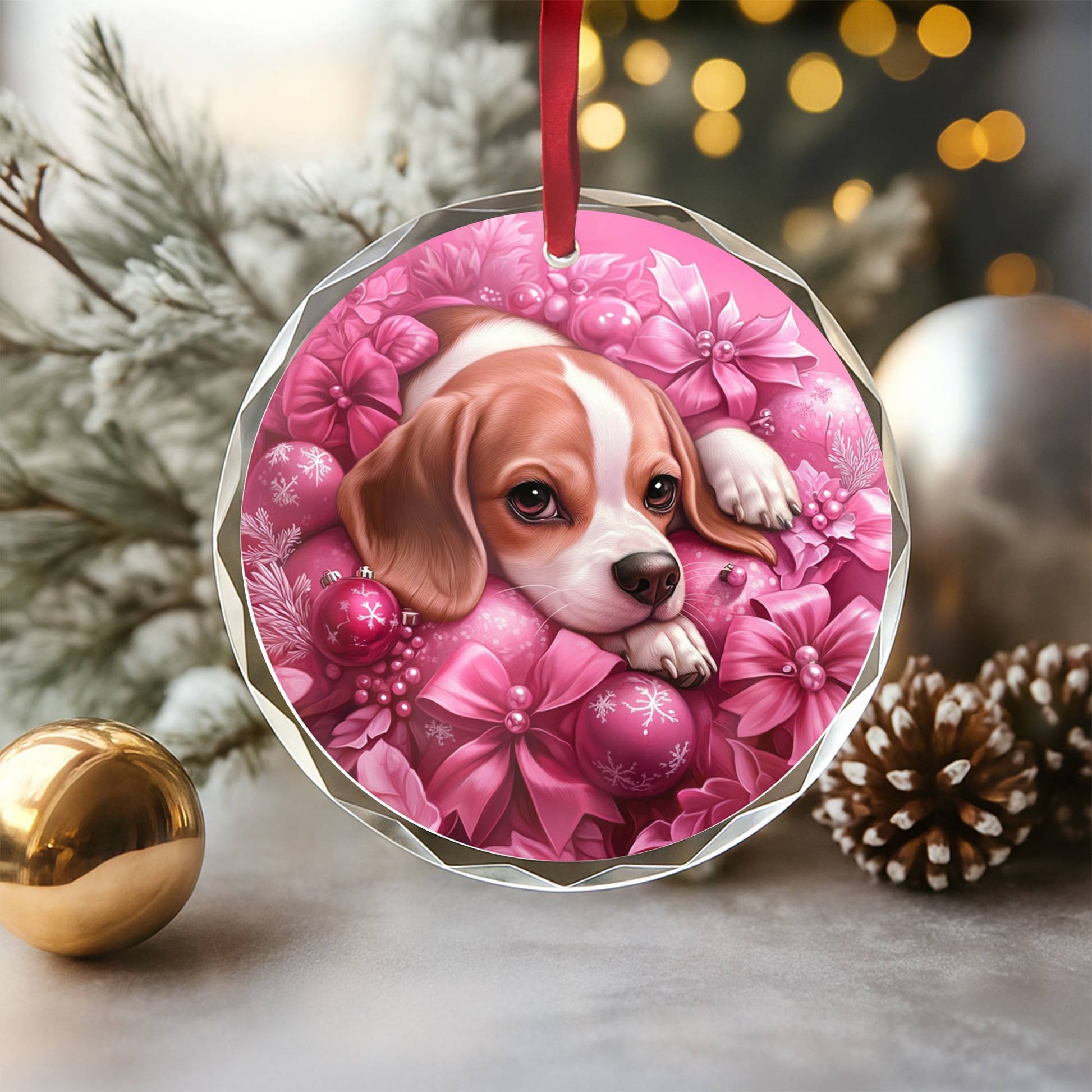 Beagle Dog Pink Christmas Design 3 Glass Ornament