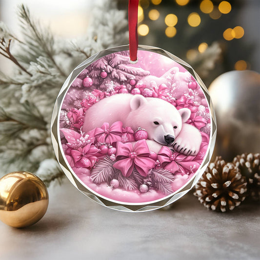 Pola Bear Pink Christmas Design 1 Glass Ornament