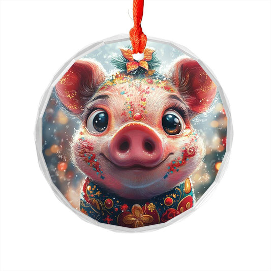 Beautiful Pig Christmas Night Design 1 Glass Ornament