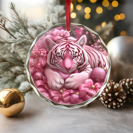 Tiger Pink Christmas Design 2 Glass Ornament