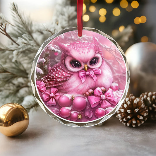 Owl Pink Christmas Design 2 Glass Ornament