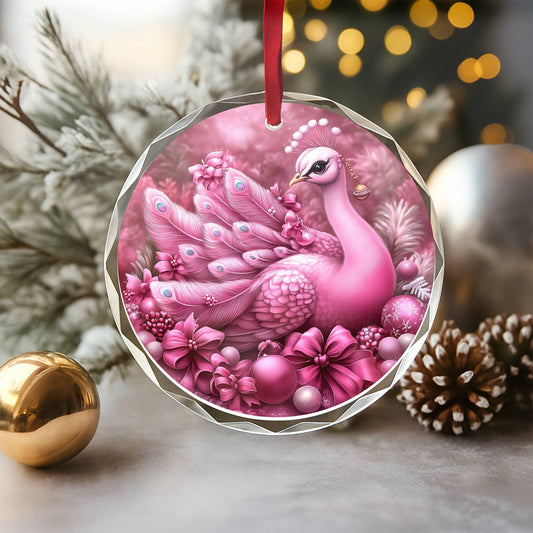 Peacock Pink Christmas Design 2 Glass Ornament