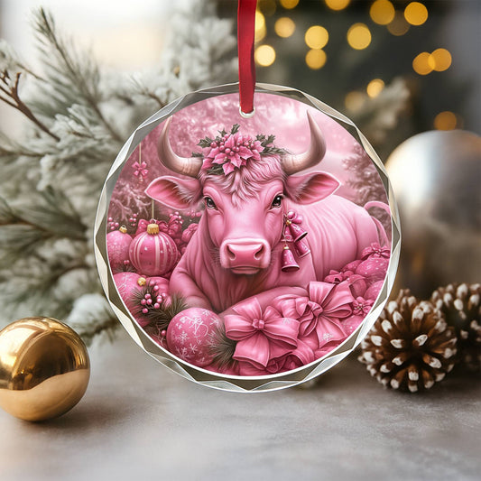 Bull Pink Christmas Design 1 Glass Ornament
