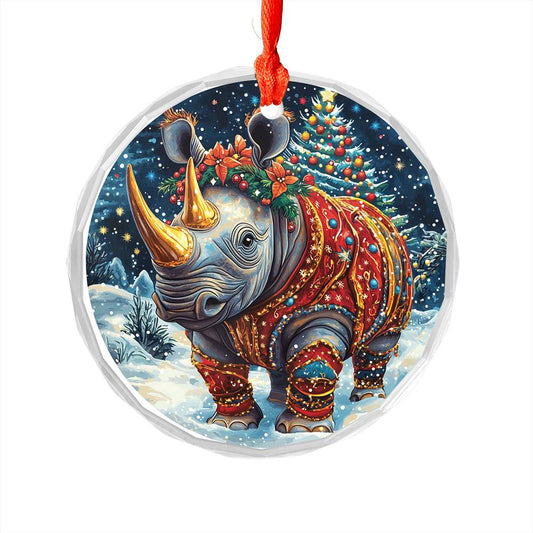 Beautiful Rhino Christmas Night Design 2 Glass Ornament