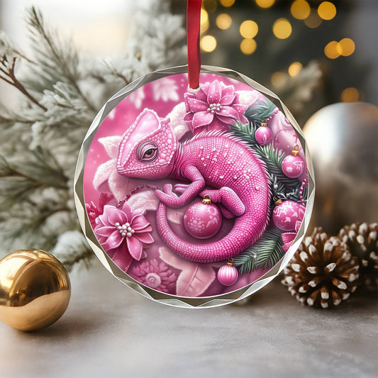 Chameleon Pink Christmas Design 2 Glass Ornament