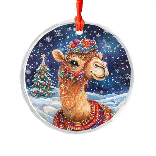 Beautiful Camel Christmas Night Design 4 Glass Ornament