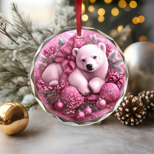 Pola Bear Pink Christmas Design 4 Glass Ornament