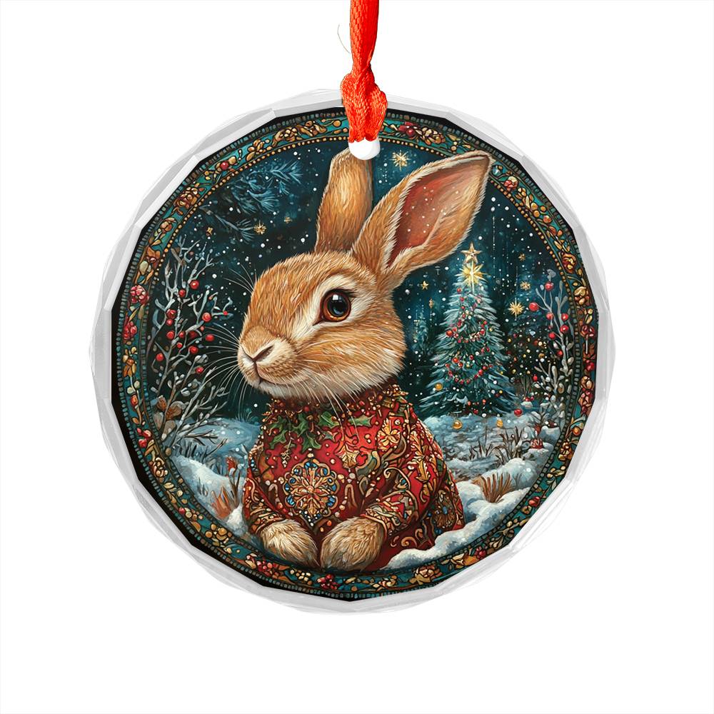 Beautiful Rabbit Christmas Night Design 1 Glass Ornament