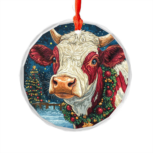 Beautiful Hereford Cow Christmas Night Design 3 Glass Ornament