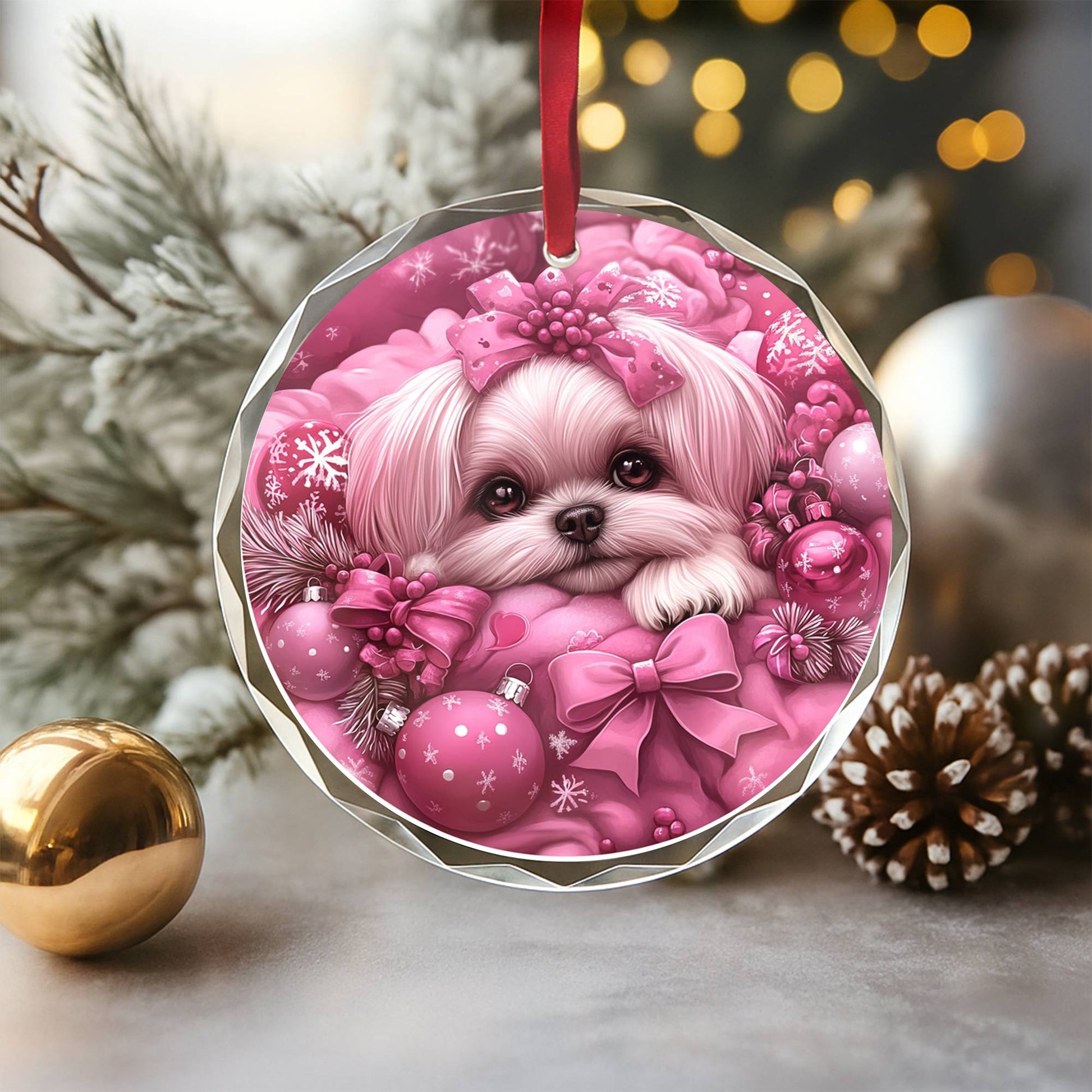 Shih Tzu Dog Pink Christmas Design 2 Glass Ornament