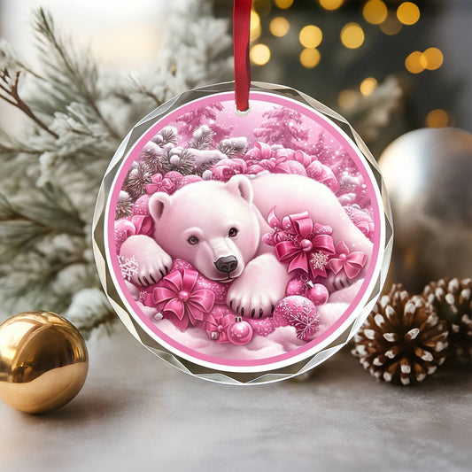 Pola Bear Pink Christmas Design 2 Glass Ornament
