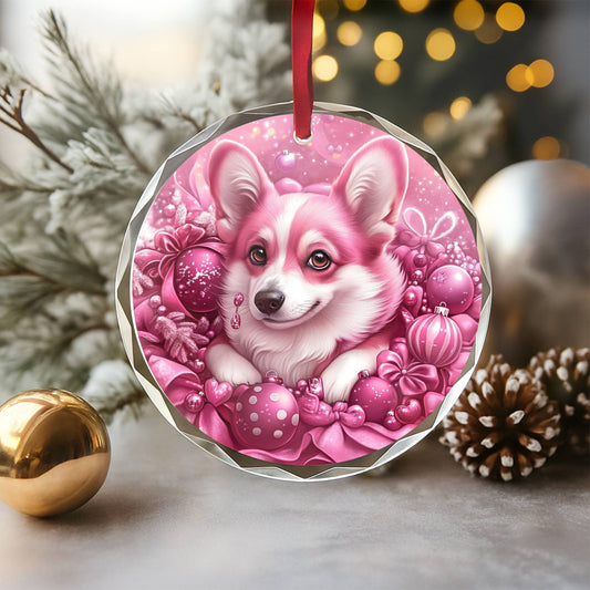 Pembroke Welsh Corgi Dog Pink Christmas Design 3 Glass Ornament