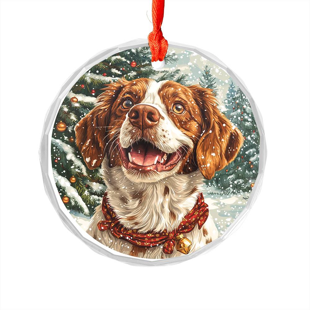 Beautiful Brittany Dog Christmas Night Design 2 Glass Ornament