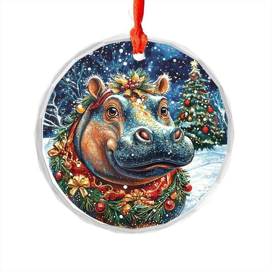 Beautiful Hippo Christmas Night Design 4 Glass Ornament
