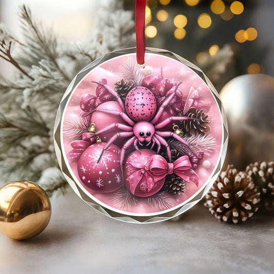 Spider Pink Christmas Design 2 Glass Ornament