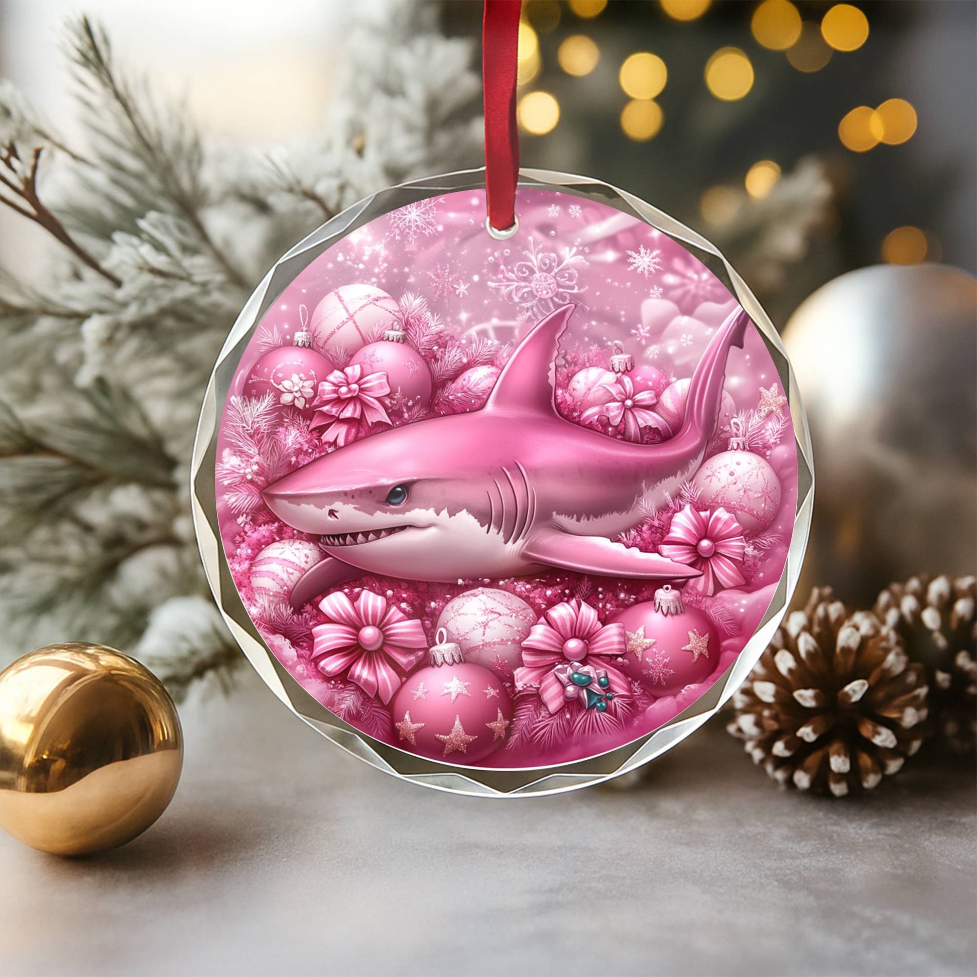 Shark Pink Christmas Design 2 Glass Ornament
