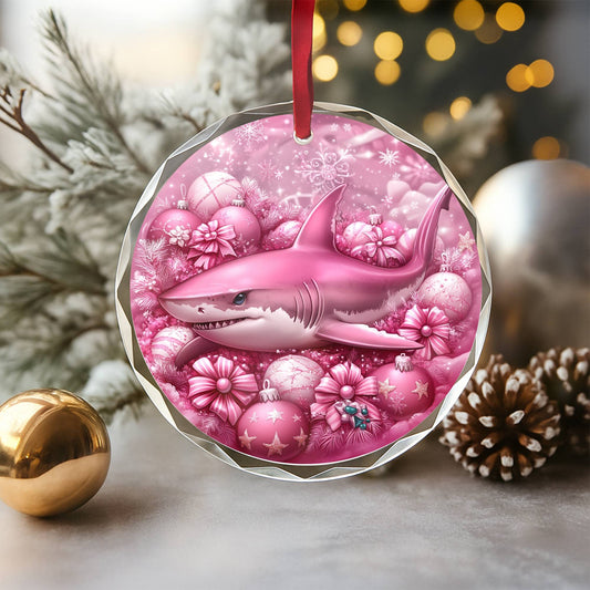 Shark Pink Christmas Design 2 Glass Ornament