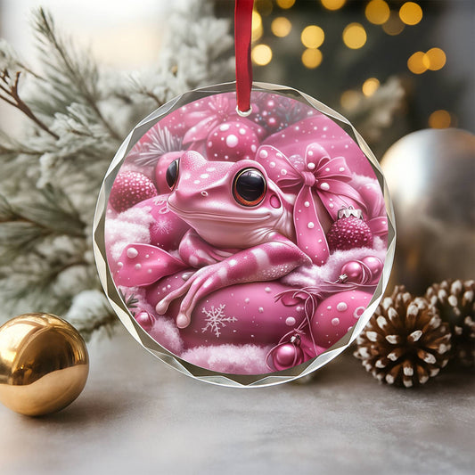 Frog Pink Christmas Design 1 Glass Ornament