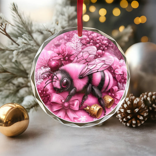 Bee Pink Christmas Design 1 Glass Ornament