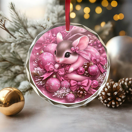 Mice Pink Christmas Design 3 Glass Ornament