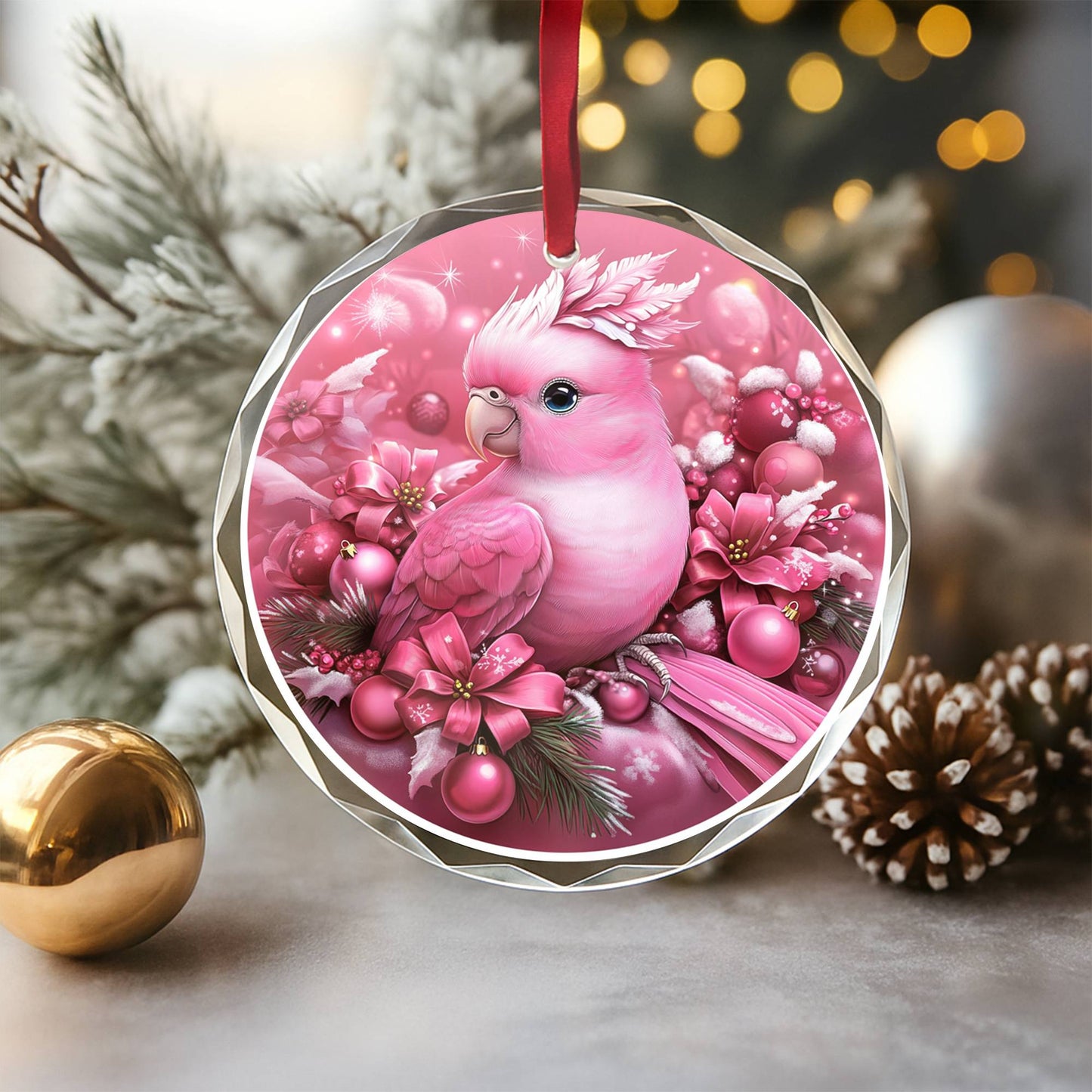 Parrot Pink Christmas Design 1 Glass Ornament