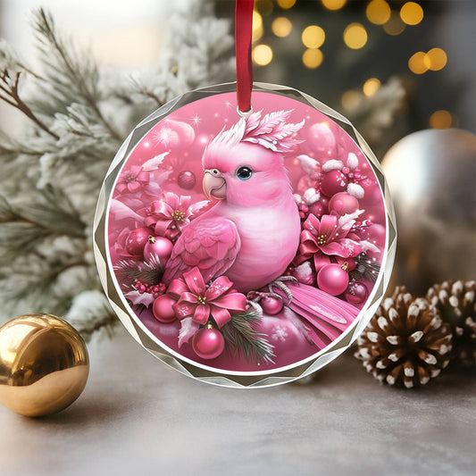Parrot Pink Christmas Design 1 Glass Ornament