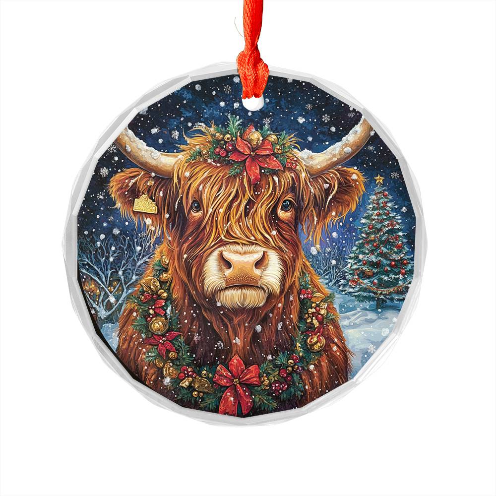 Beautiful Highland Cow Christmas Night Design 1 Glass Ornament