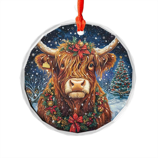 Beautiful Highland Cow Christmas Night Design 1 Glass Ornament