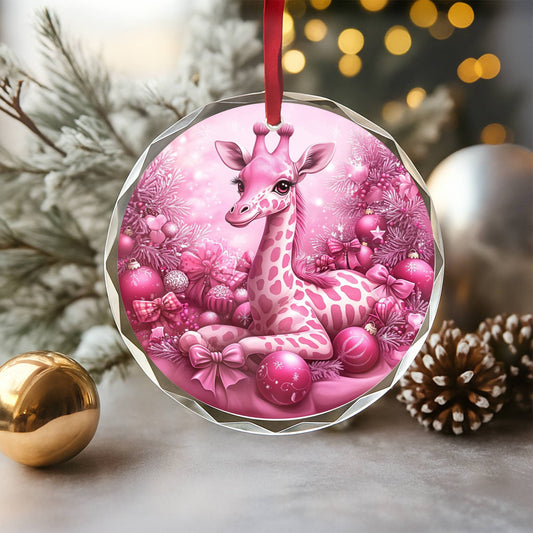 Giraffe Pink Christmas Design 3 Glass Ornament