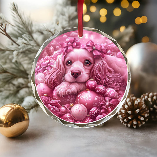 Cocker Spaniel Dog Pink Christmas Design 1 Glass Ornament