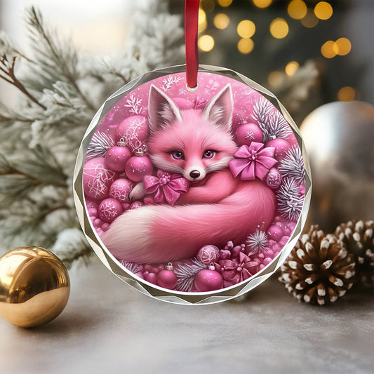 Fox Pink Christmas Design 1 Glass Ornament