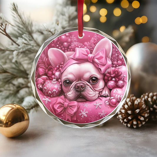 French Bulldog Pink Christmas Design 4 Glass Ornament