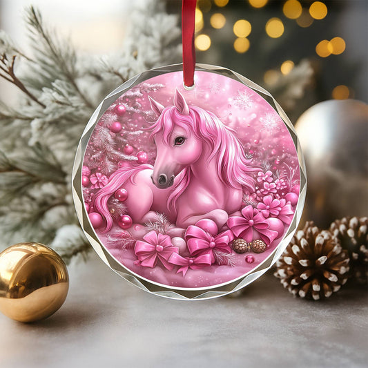 Horse Pink Christmas Design 2 Glass Ornament