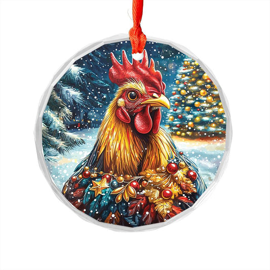 Beautiful Rooster Christmas Night Design 4 Glass Ornament
